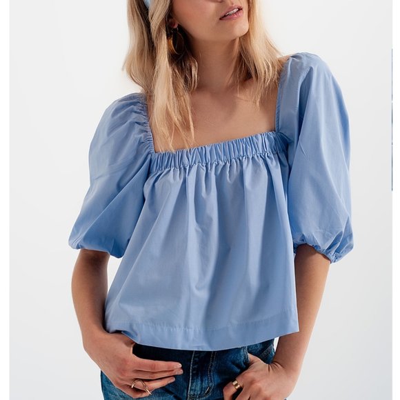 Q2 Blue Balloon Sleeve Cotton Top - Picture 1 of 5